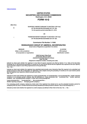Thumbnail Reinsurance Group of America
 10-Q Quarterly Report FY2019 