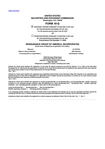 Thumbnail Reinsurance Group of America
 10-Q Quarterly Report FY2019 