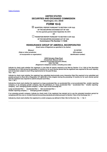 Thumbnail Reinsurance Group of America
 10-Q Quarterly Report FY2019 