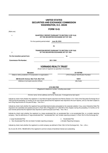 Miniature Vornado Realty Trust
 10-Q Rapport trimestriel 2016 