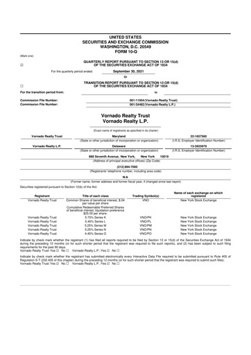 Miniature Vornado Realty Trust
 10-Q Rapport trimestriel  
