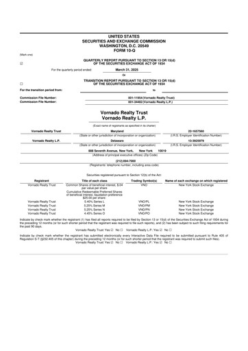 Miniature Vornado Realty Trust
 10-Q Rapport trimestriel  
