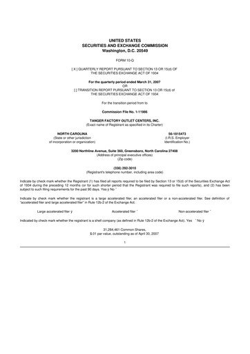 Miniature Tanger Inc.
 10-Q Rapport trimestriel  