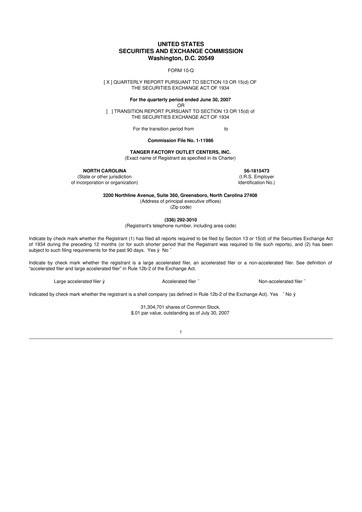 Miniature Tanger Inc.
 10-Q Rapport trimestriel  