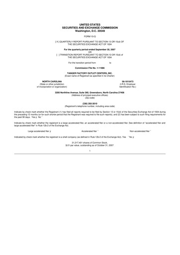 Miniature Tanger Inc.
 10-Q Rapport trimestriel  