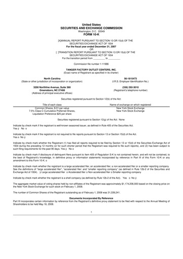 Miniature Tanger Inc.
 10-K Rapport annuel 