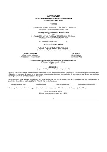 Miniature Tanger Inc.
 10-Q Rapport trimestriel  
