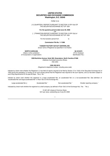 Miniature Tanger Inc.
 10-Q Rapport trimestriel  