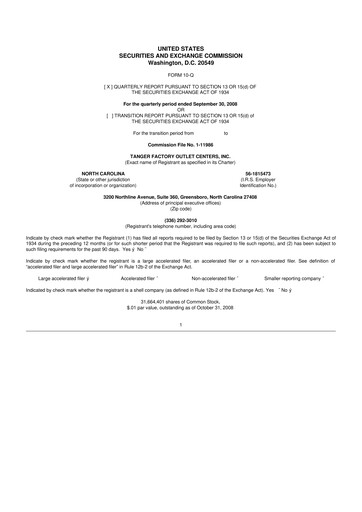 Miniature Tanger Inc.
 10-Q Rapport trimestriel  