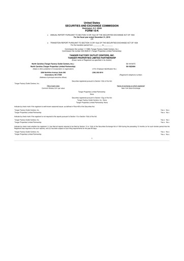 Miniature Tanger Inc.
 10-K Rapport annuel 2010