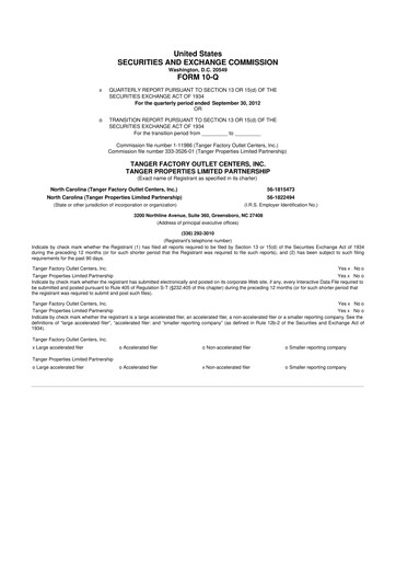 Miniature Tanger Inc.
 10-Q Rapport trimestriel 2012 