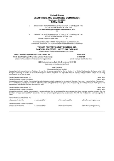 Miniature Tanger Inc.
 10-Q Rapport trimestriel 2013 