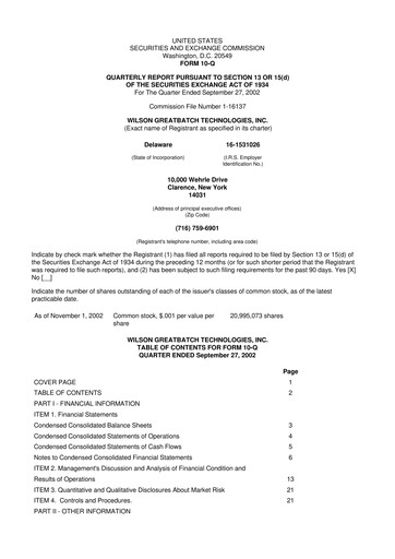 Miniature Integer Holdings
 10-Q Rapport trimestriel  