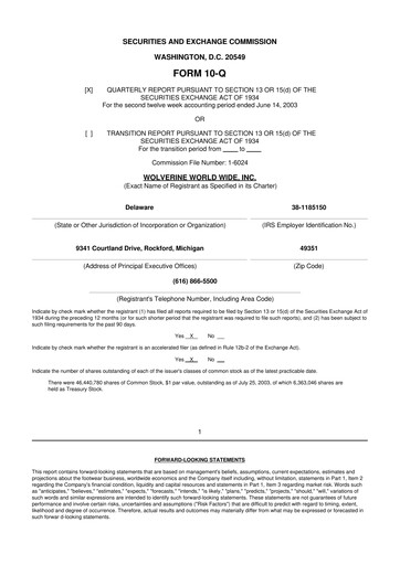 Thumbnail Wolverine World Wide
 10-Q Quarterly Report FY 