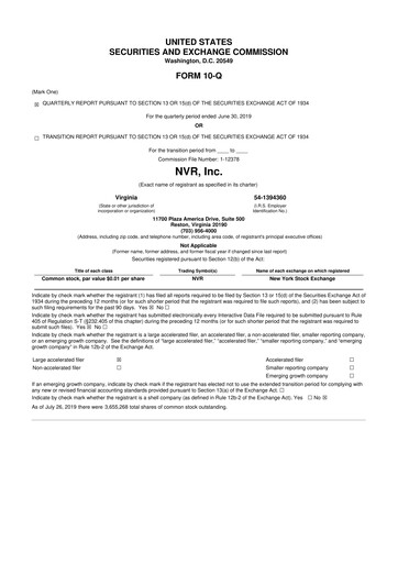 Vorschaubild NVR 10-Q Quartalsbericht 2019 