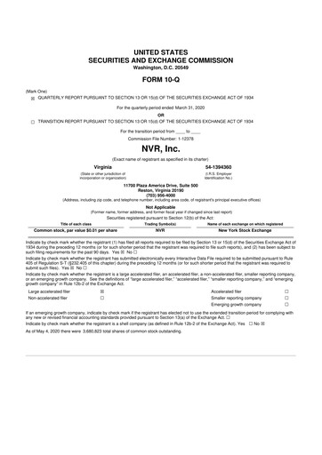 Vorschaubild NVR 10-Q Quartalsbericht 2020 