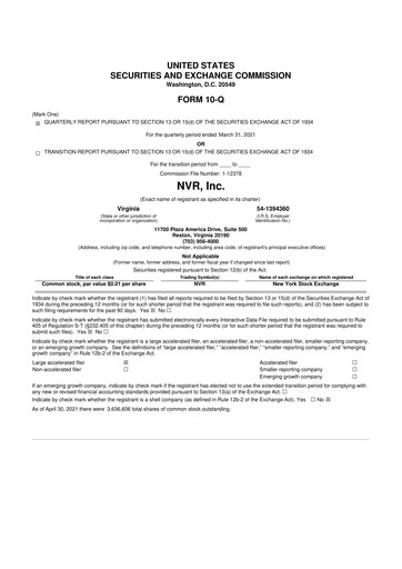 Vorschaubild NVR 10-Q Quartalsbericht 2021 