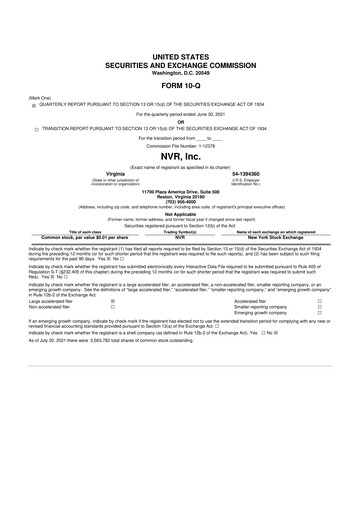 Vorschaubild NVR 10-Q Quartalsbericht 2021 