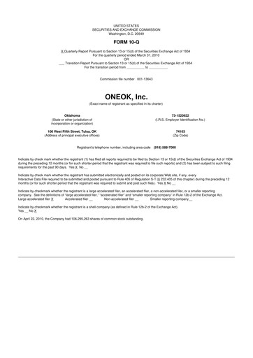 Thumbnail Oneok 10-Q Quarterly Report FY2010 