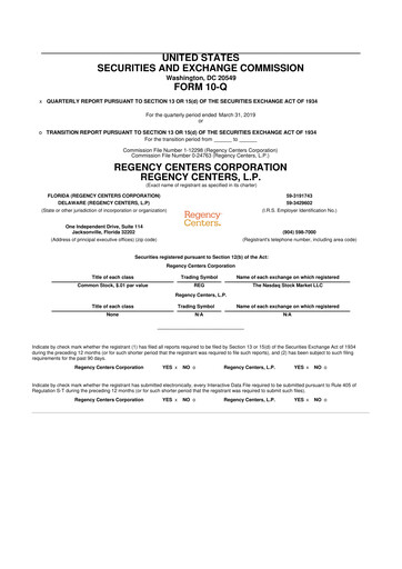 Thumbnail Regency Centers
 10-Q Quarterly Report FY2019 