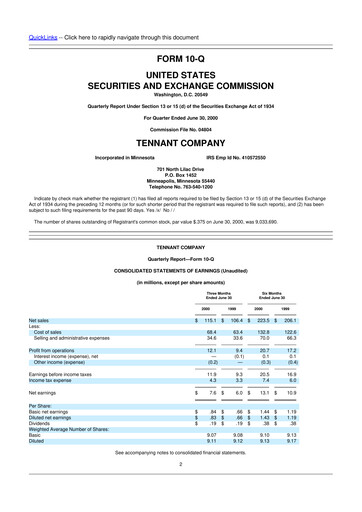 Thumbnail Tennant Company
 10-Q Quarterly Report FY 