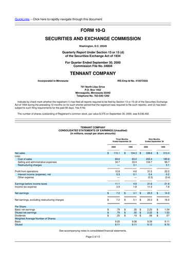 Thumbnail Tennant Company
 10-Q Quarterly Report FY 