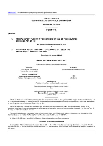 Vorschaubild Rigel Pharmaceuticals 10-K Jahresbericht 2000