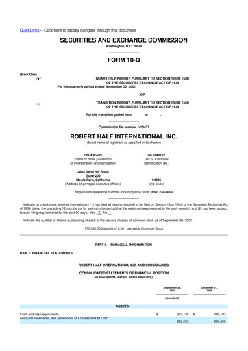 Thumbnail Robert Half 10-Q Quarterly Report FY 