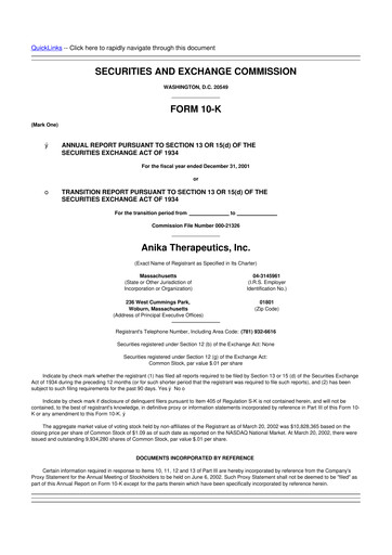 Thumbnail Anika Therapeutics 10-K Annual Report 2001