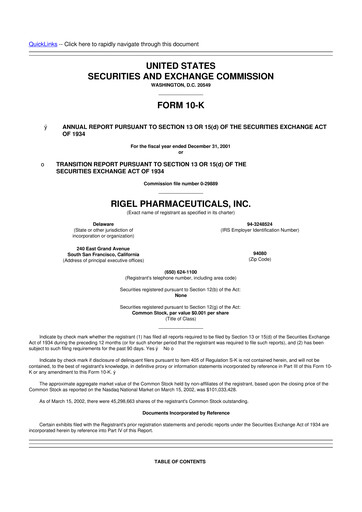 Vorschaubild Rigel Pharmaceuticals 10-K Jahresbericht 2001