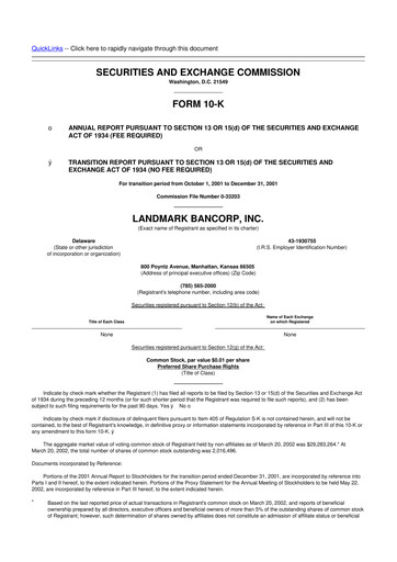 Thumbnail Landmark Bancorp 10-K Annual Report 2001