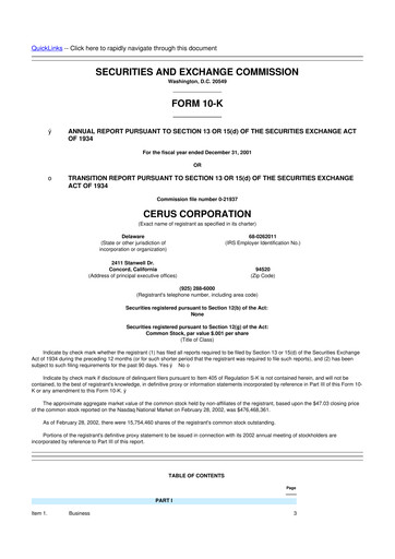 Vorschaubild Cerus Corporation 10-K Jahresbericht 2001
