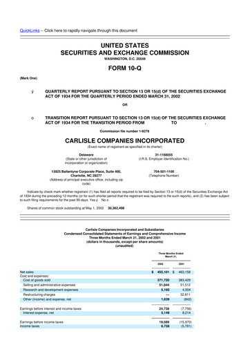 Thumbnail Carlisle Companies
 10-Q Quarterly Report FY 