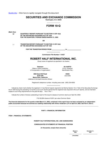 Thumbnail Robert Half 10-Q Quarterly Report FY 