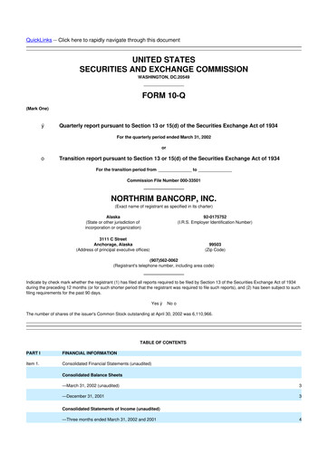 Thumbnail Northrim BanCorp 10-Q Quarterly Report FY 