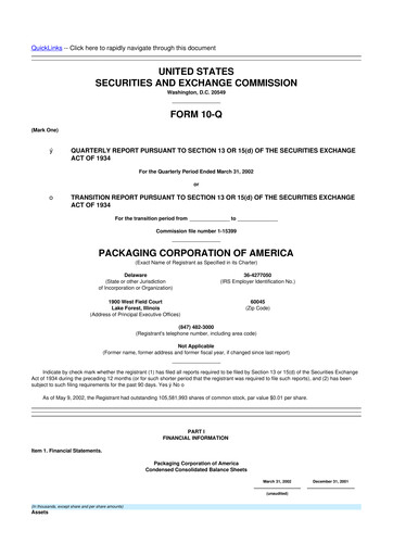 Thumbnail Packaging Corporation of America
 10-Q Quarterly Report FY 