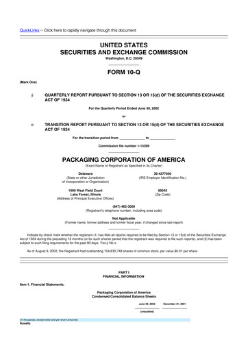 Thumbnail Packaging Corporation of America
 10-Q Quarterly Report FY 