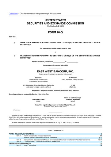 Thumbnail East West Bancorp
 10-Q Quarterly Report FY 