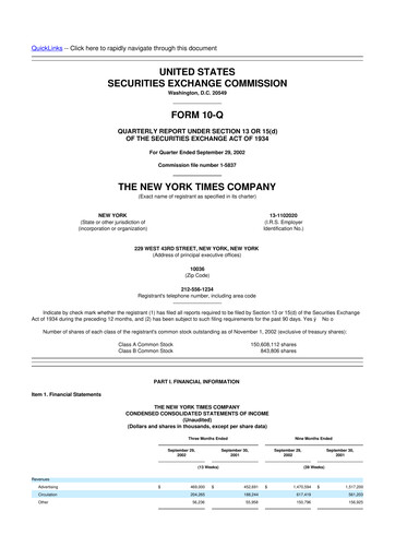 Thumbnail New York Times 10-Q Quarterly Report FY 