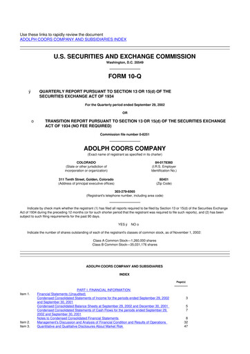 Thumbnail Molson Coors 10-Q Quarterly Report FY 