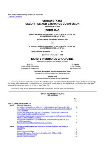 Thumbnail Safety Insurance
 10-Q Quarterly Report FY 