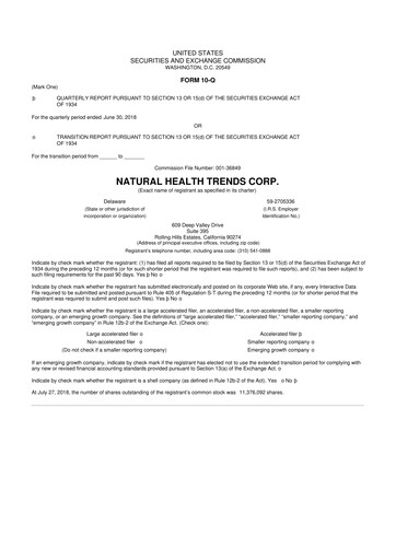 Thumbnail Natural Health Trends 10-Q Quarterly Report FY2018 
