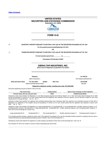 Thumbnail Gibraltar Industries
 10-Q Quarterly Report FY2019 