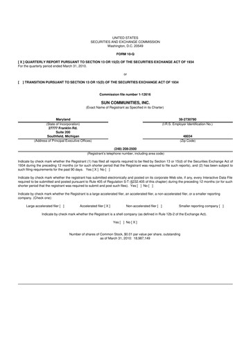 Thumbnail Sun Communities
 10-Q Quarterly Report FY 