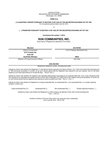 Thumbnail Sun Communities
 10-Q Quarterly Report FY 