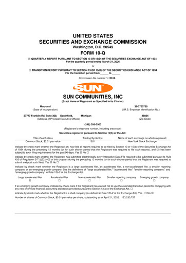 Thumbnail Sun Communities
 10-Q Quarterly Report FY 