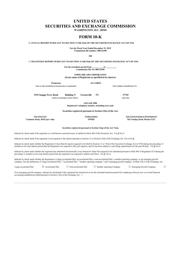 Thumbnail Forward Air 10-K Annual Report 2019