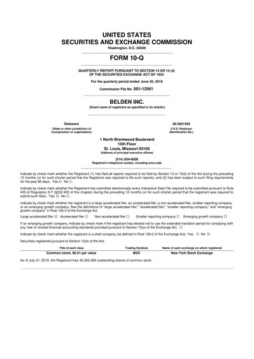 Thumbnail Belden 10-Q Quarterly Report FY2019 