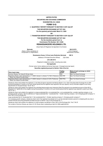 Thumbnail RenaissanceRe
 10-Q Quarterly Report FY 