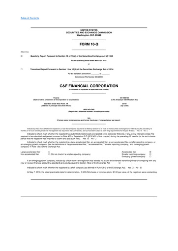 Thumbnail C&F Financial Corporation

 10-Q Quarterly Report FY 